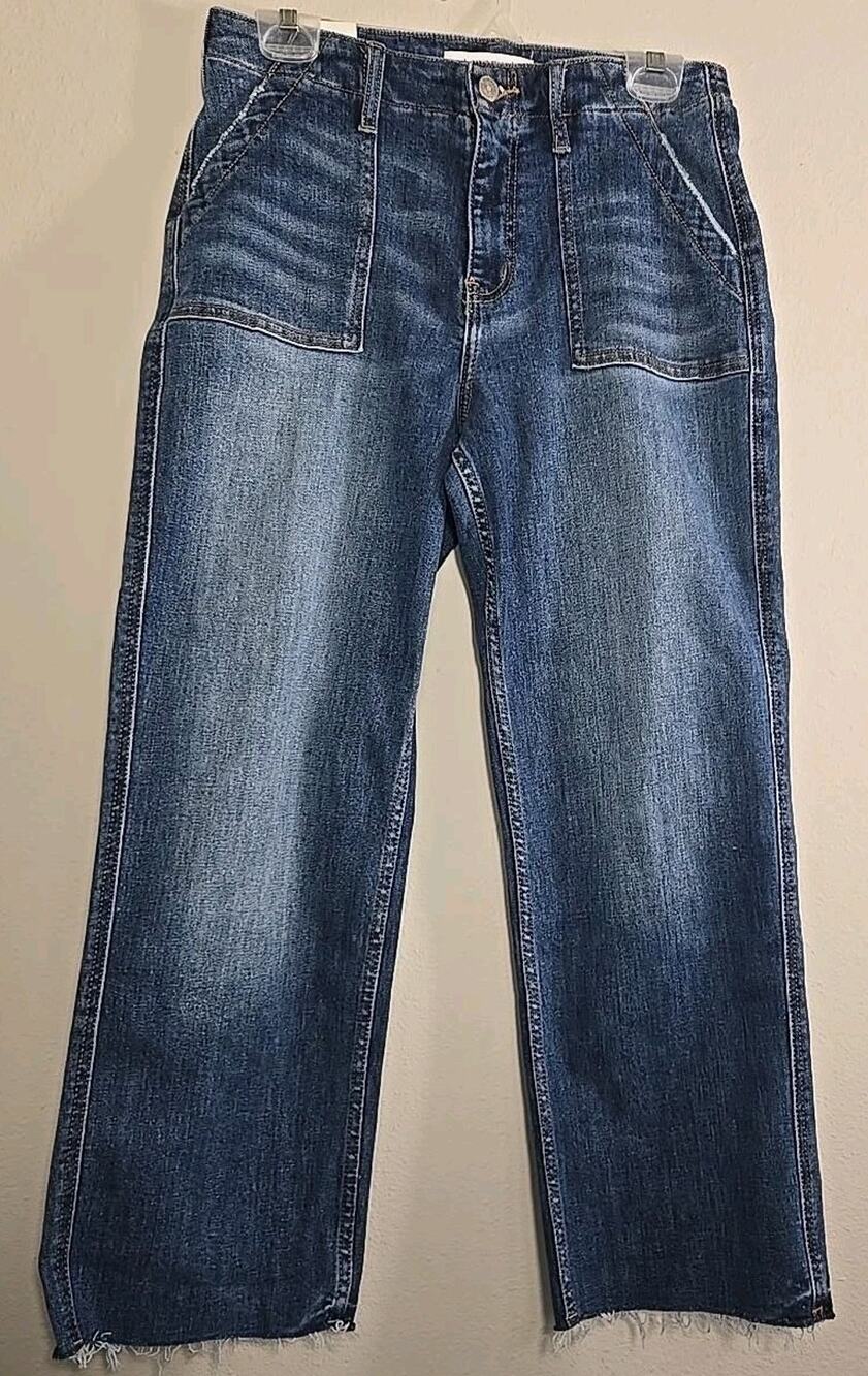 Lovervet Jeans Womens 28/7 High Rise Utility Straight Raw Hem Blue Denim